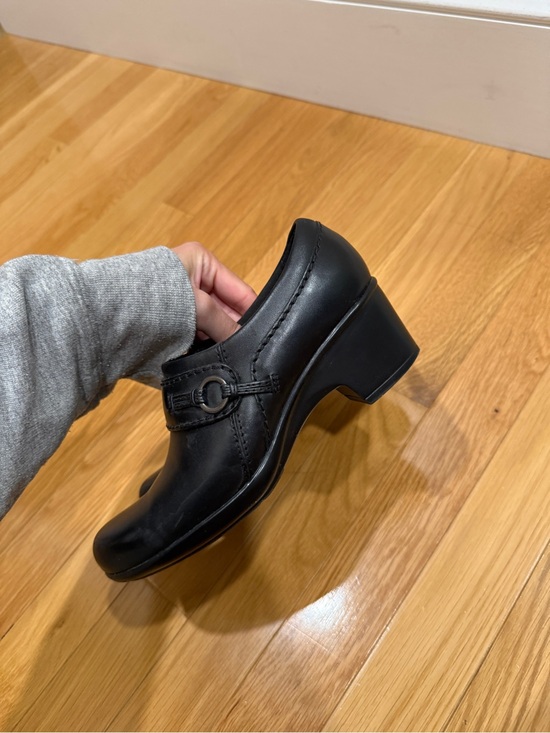 Clarks Shoes - Clarks Black Leather Slip-On Clog with Buckle Accent
